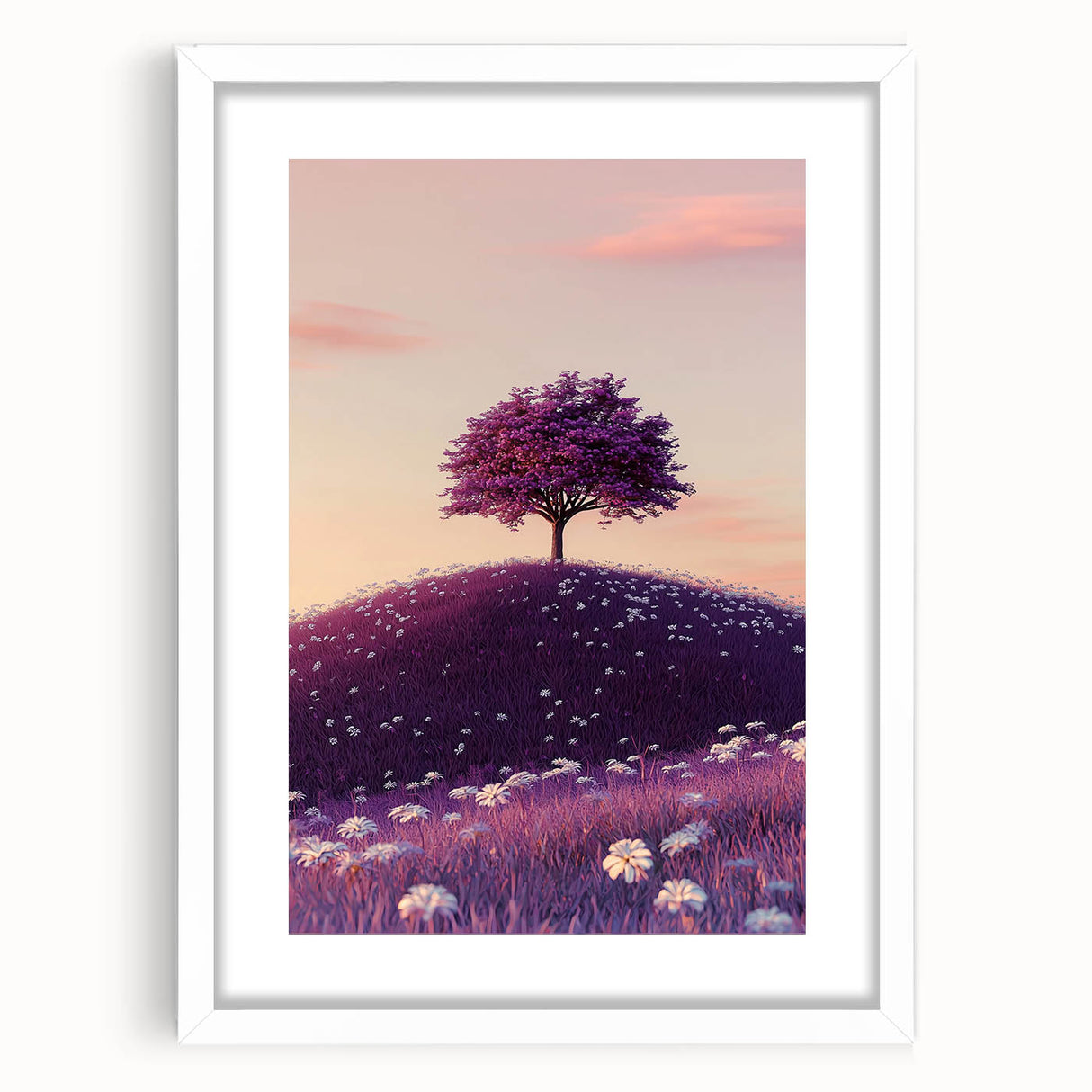 Framed landscape artwork depicting lush green fields under a clear blue sky, featuring a white mat and sleek frame, ideal for home decor or office enhancement.