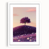 Framed landscape artwork depicting lush green fields under a clear blue sky, featuring a white mat and sleek frame, ideal for home decor or office enhancement.