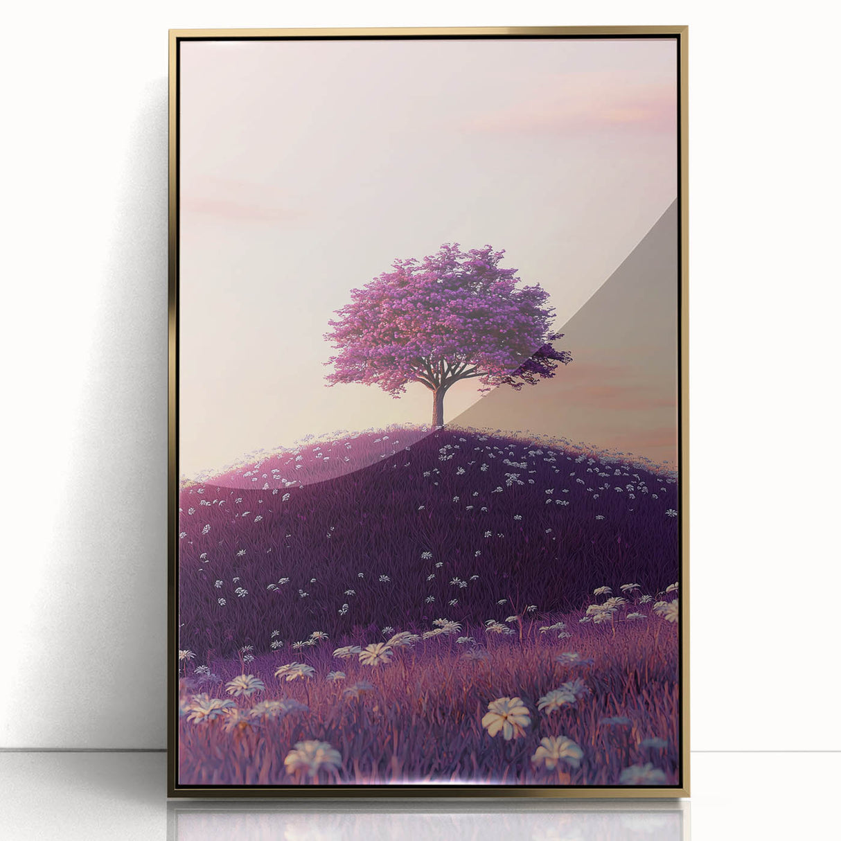 Framed acrylic artwork showcasing a vibrant landscape of golden fields under a blue sky, adding elegance to home decor with its modern design and striking colors.