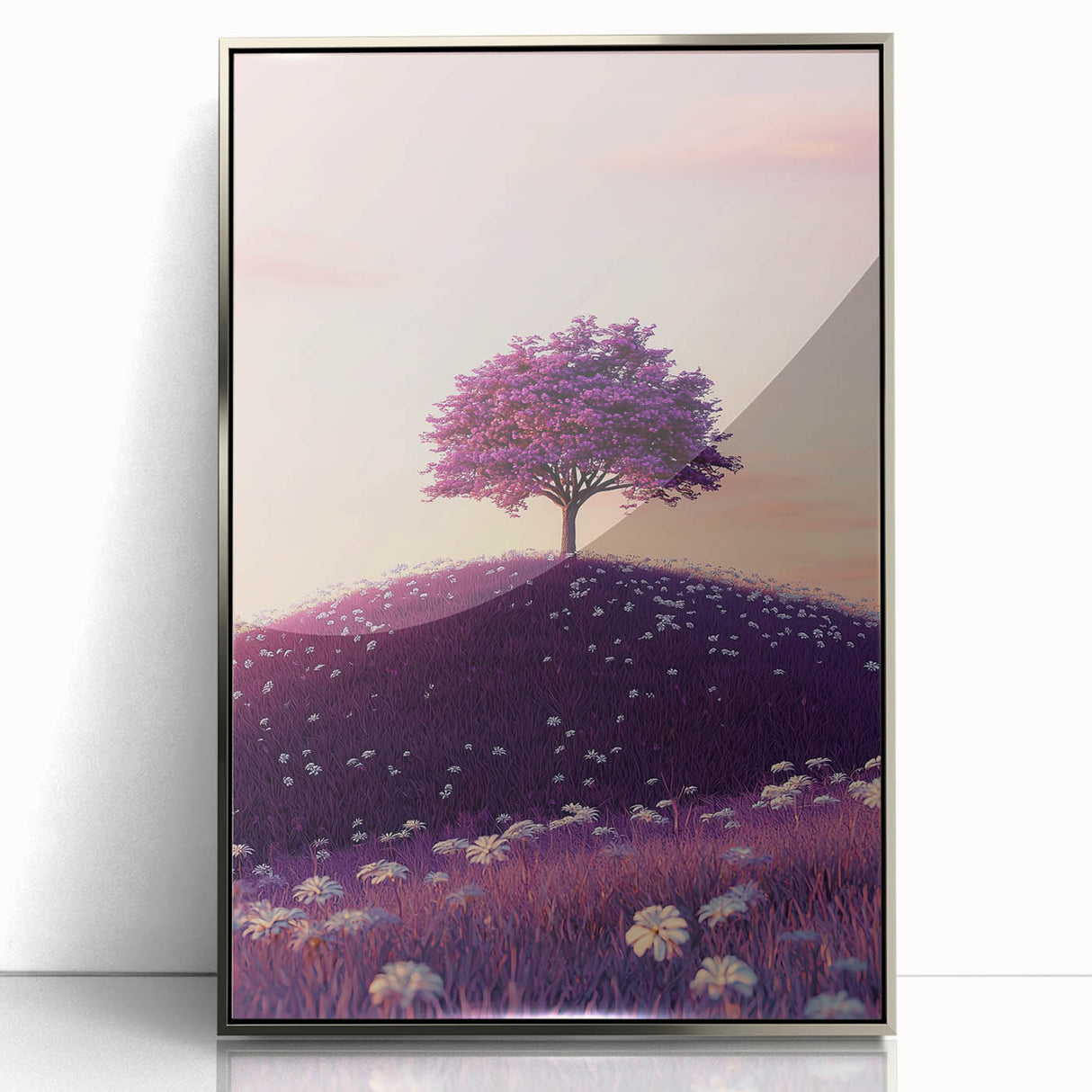 Framed acrylic artwork showcasing a vibrant landscape with rolling fields and a silver border, ideal for modern home decor. Perfect for adding a touch of nature to any room.