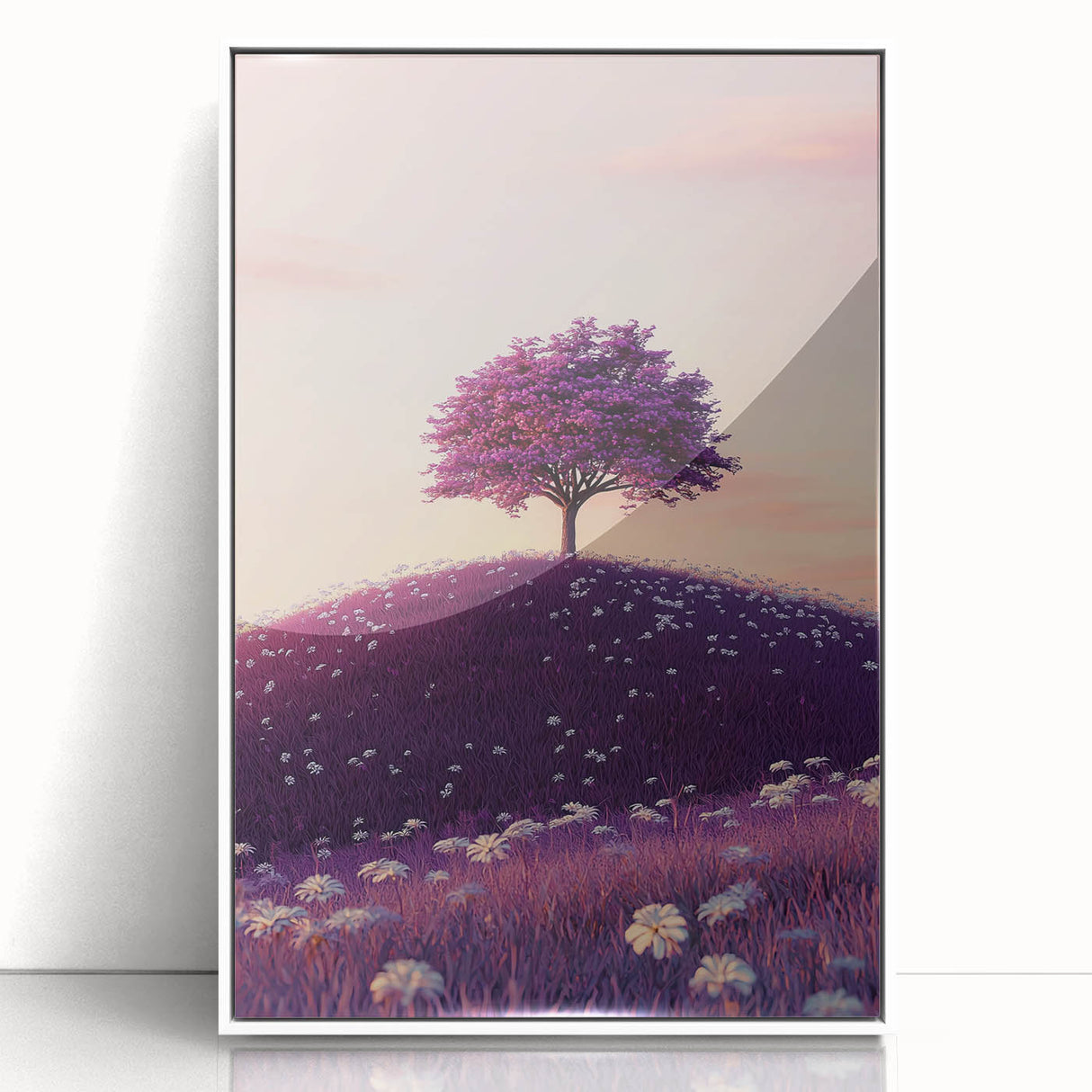 Framed acrylic artwork showcasing a vibrant landscape scene of rolling fields, featuring soft green hues and a white frame, perfect for modern home decor.