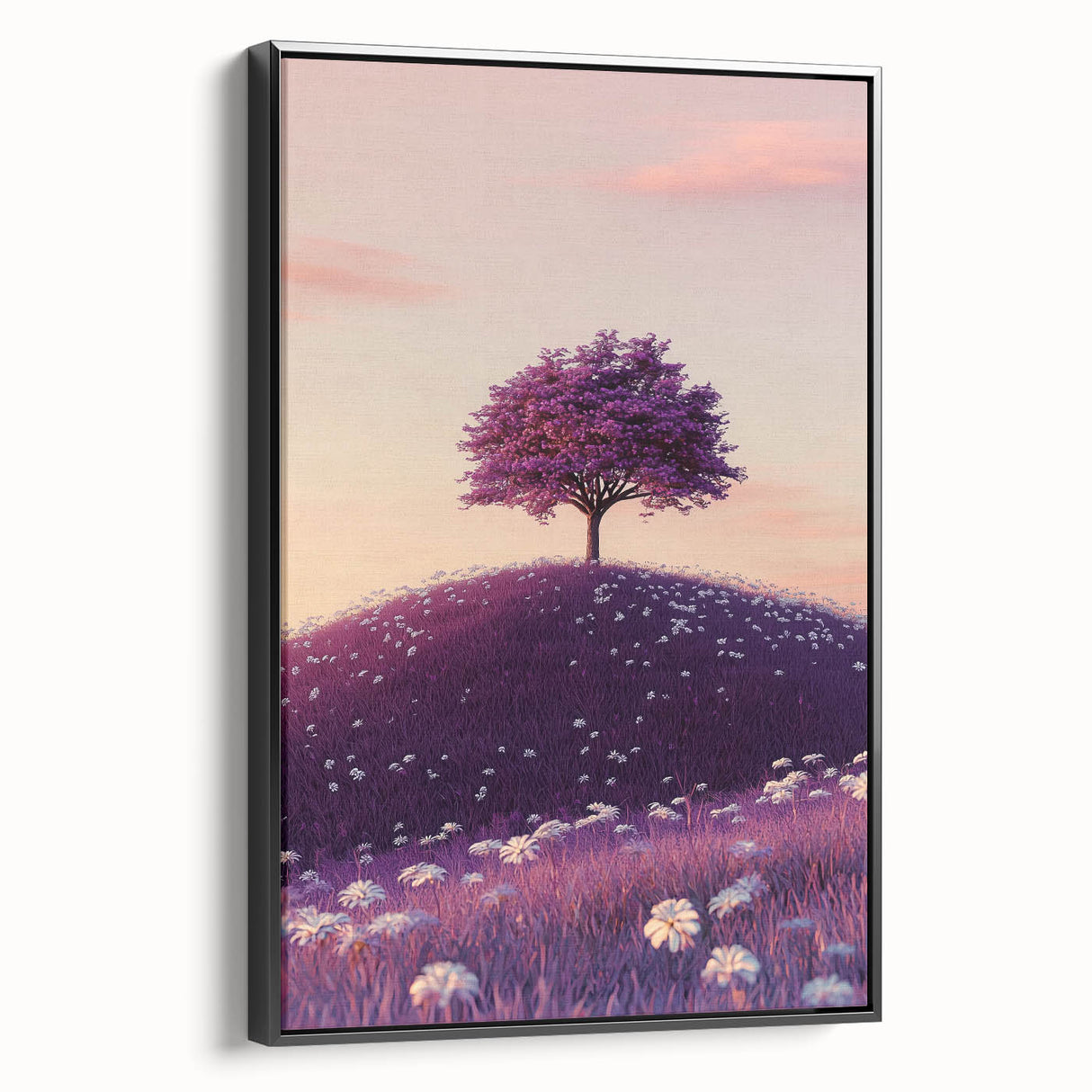 Framed canvas artwork displaying a vibrant landscape of rolling fields in rich greens and yellows, with a sleek black frame enhancing its modern aesthetic. Perfect for home decor, this piece adds a touch of nature-inspired elegance to any space.