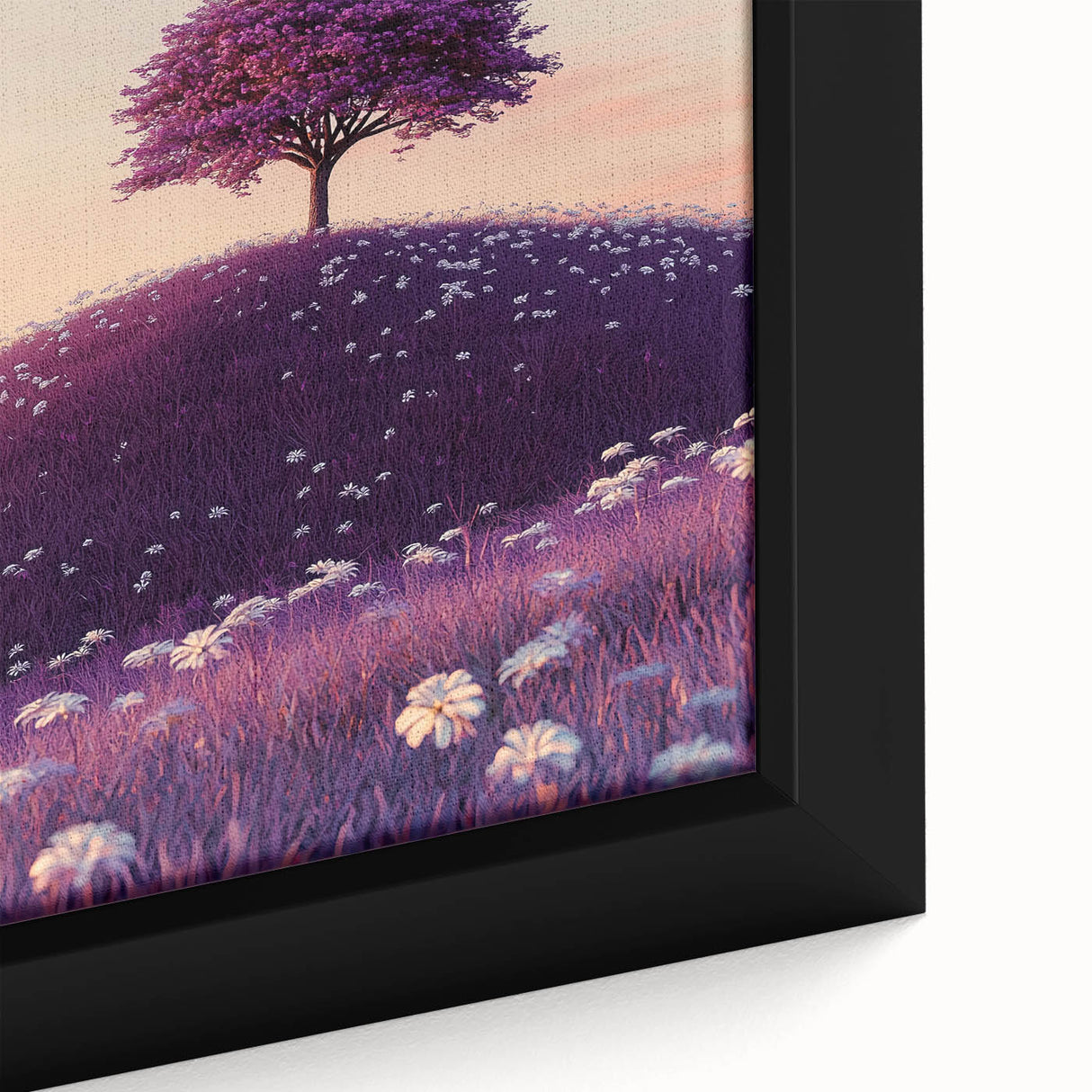 Close-up of a framed canvas artwork depicting vibrant green fields under a clear blue sky, showcasing intricate details and textures for a lively landscape decor.