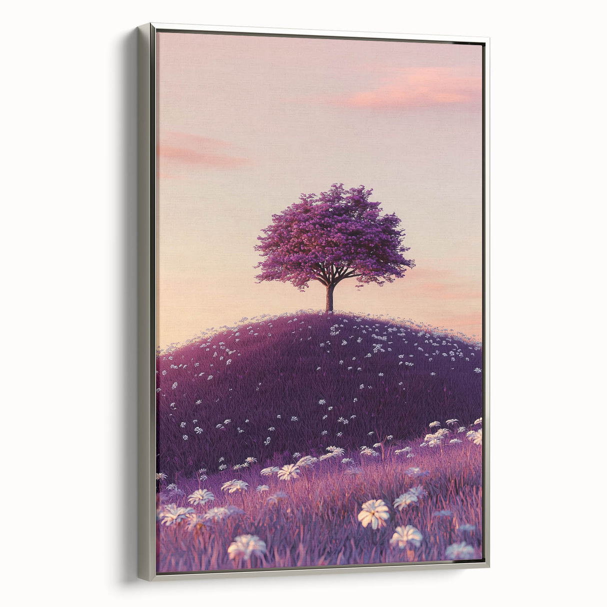 Framed canvas artwork showcasing a serene landscape of lush green fields under a bright blue sky, with a sleek silver frame enhancing its elegance, ideal for home decor.