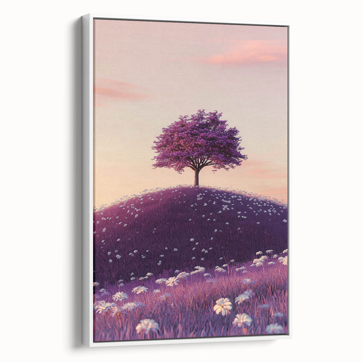 Framed canvas artwork depicting a vibrant landscape of rolling fields in soft green and gold hues, showcasing a serene nature scene with a white frame.