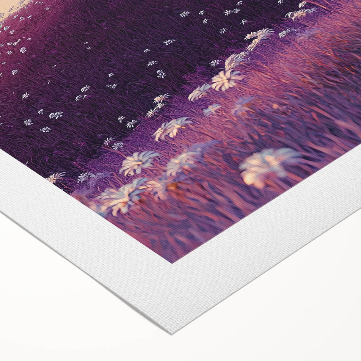 Rolled canvas showcasing a serene landscape scene with rolling fields under a blue sky, featuring vibrant greens and yellows, packaged in a protective cardboard tube.