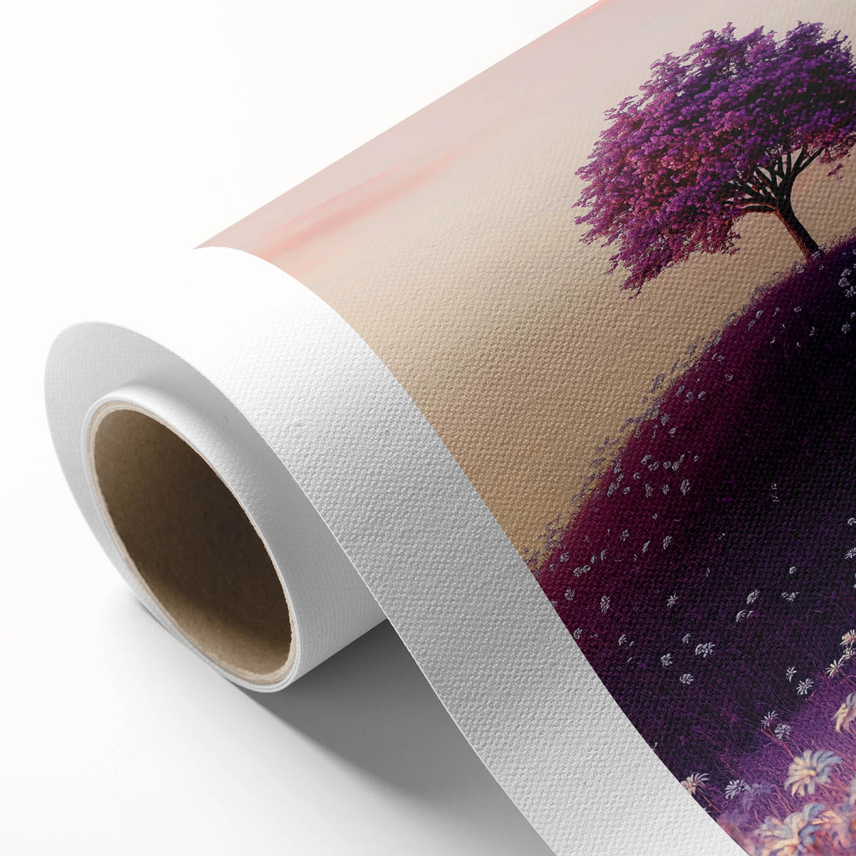 Rolled canvas showcasing a vibrant landscape design, featuring lush green fields under a bright blue sky, elegantly packaged in a protective cardboard tube for safe storage and transport. Ideal for home or office decor.