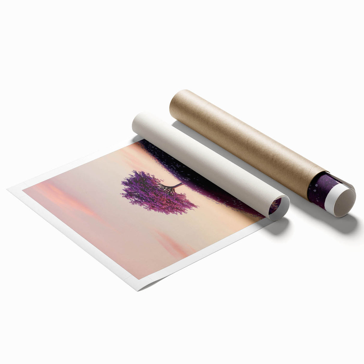 Vibrant rolled canvas print showcasing a serene landscape with lush green fields under a clear blue sky, elegantly packaged in a protective cardboard tube. Ideal for home decor enthusiasts seeking nature-themed art.