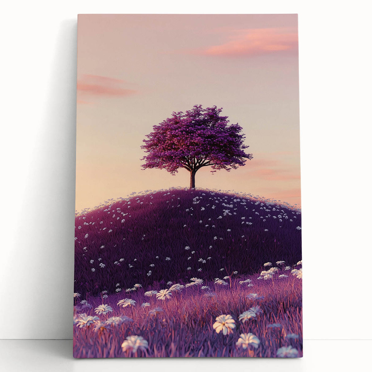 Stretched canvas artwork depicting vibrant green fields under a clear blue sky, leaning against a rustic wooden wall, ideal for home decor and nature enthusiasts.