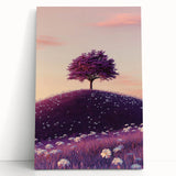 Stretched canvas artwork depicting vibrant green fields under a clear blue sky, leaning against a rustic wooden wall, ideal for home decor and nature enthusiasts.