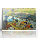 Modern Wall Art: Contemporary Washerwomen Scene in Rustic Pastels