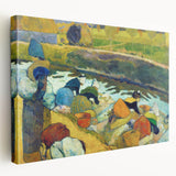 Modern Wall Art: Contemporary Washerwomen Scene in Rustic Pastels