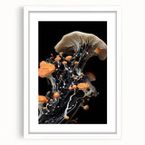 Abstract art print featuring swirling blue and white patterns, framed in white.