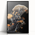 Large abstract wall art featuring mid-century modernist design in black and white, acrylic print framed in black.