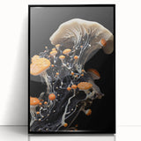 Large abstract wall art featuring mid-century modernist design in black and white, acrylic print framed in black.