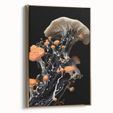 Framed canvas featuring a vintage poster-style landscape painting with black and gold tones, ideal for bedroom wall art.