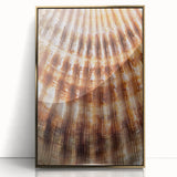 Large art print of close-up floral imagery in muted gold tones on acrylic, framed, reflecting mid-century modernist style.