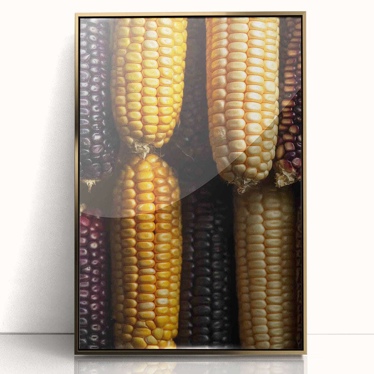 Framed acrylic print of close-up nature elements in gold tones, suitable as modern art wall decor or nursery art.