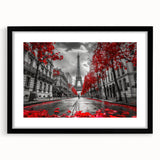 Extra large abstract art print depicting a colorful Parisian scene on textured canvas, framed in black.