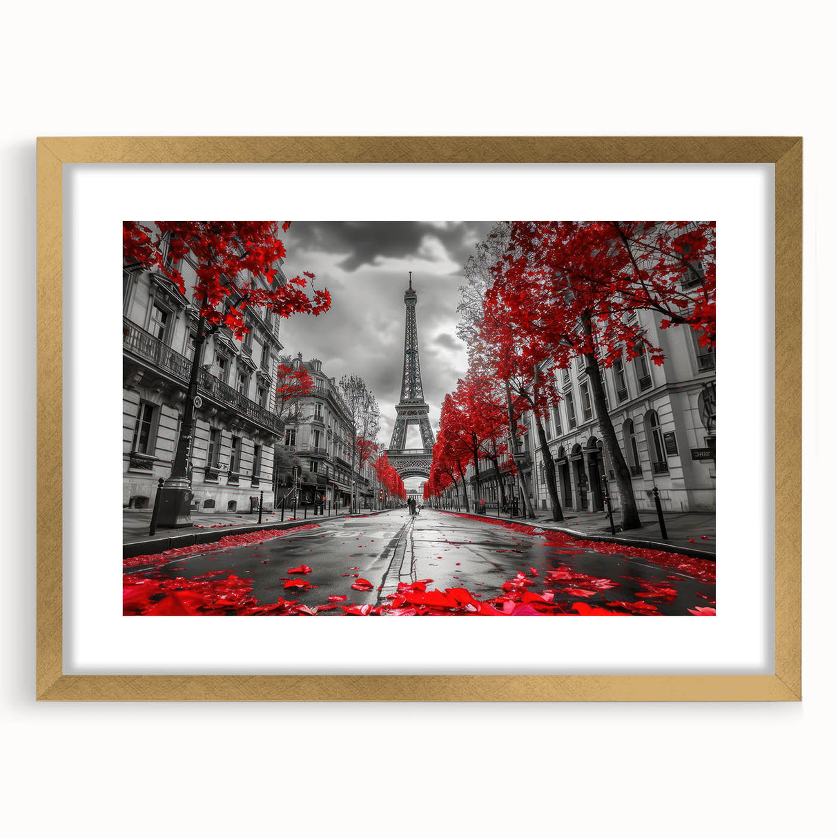 Abstract art print of Paris skyline in muted gold and gray tones, framed with mat, ideal for dining room decor.