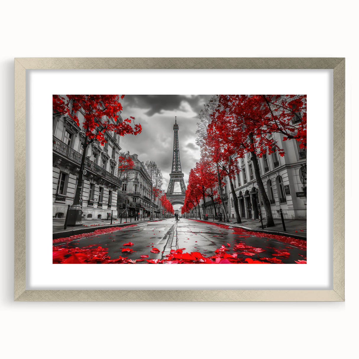 Extra large abstract art print depicting a textured Parisian streetscape in muted earth tones, framed in silver.