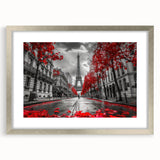 Extra large abstract art print depicting a textured Parisian streetscape in muted earth tones, framed in silver.