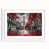 Textured art print of abstract Paris scenery in muted gray tones on a white framed poster, suitable for bedroom decor.