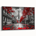 Black and white vintage poster art of Paris landscape on framed canvas, suitable for bedroom decor.