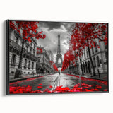 Black and white vintage poster art of Paris landscape on framed canvas, suitable for bedroom decor.