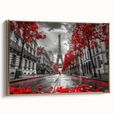 Framed canvas of a vintage Paris landscape in black and gold, ideal for bedroom wall art.