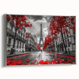 Framed canvas featuring a vintage Paris landscape with colorful art elements on a black background.