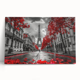 Black and white large art print of Paris streetscape on stretched canvas, suitable for kitchen wall art.