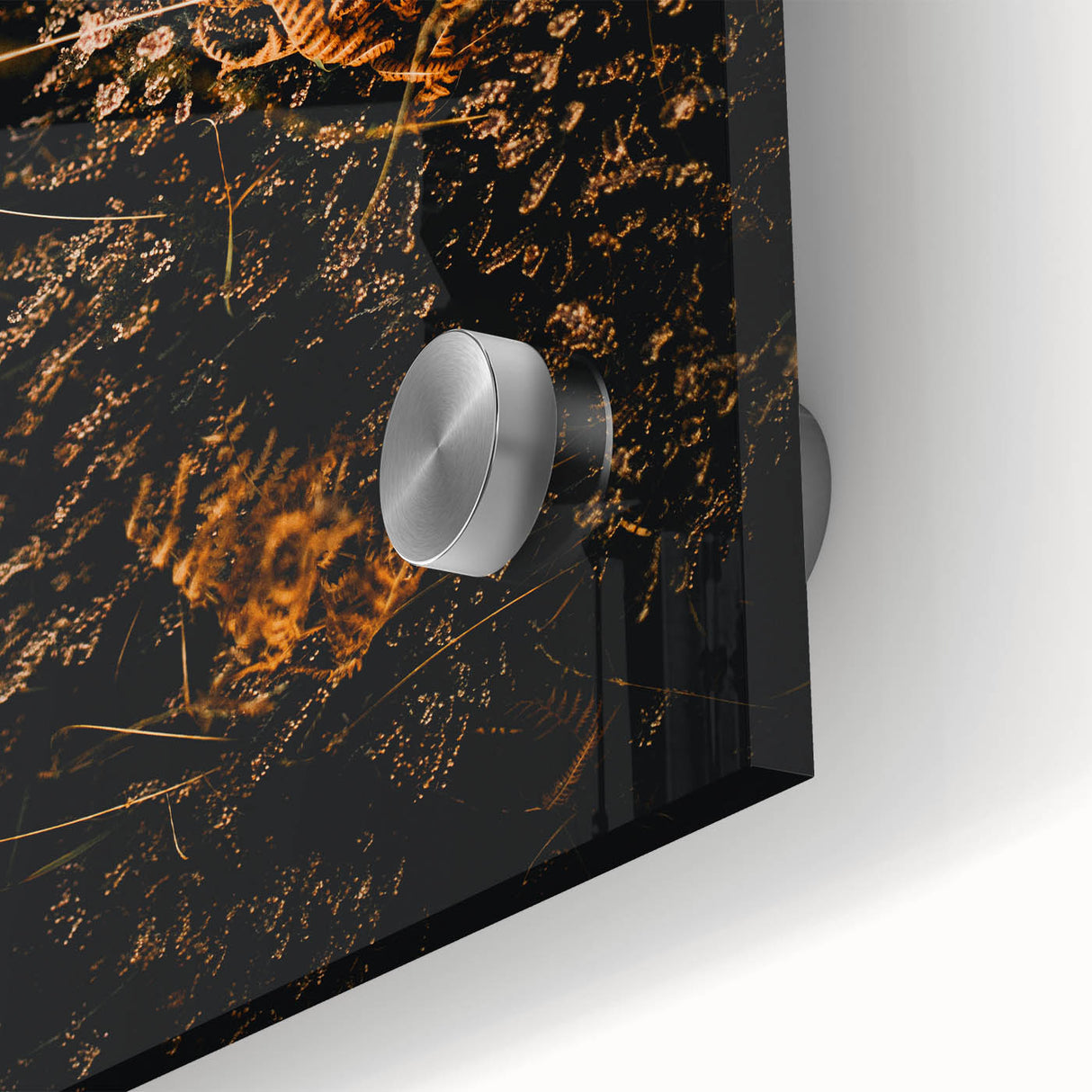Large abstract wall art in warm autumn hues on acrylic glass, ideal for dining room ambiance.