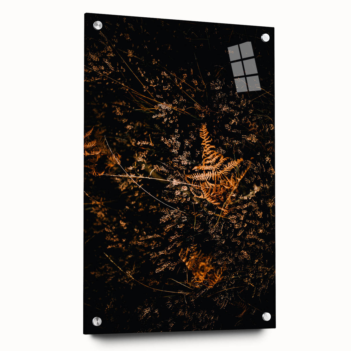 Large abstract wall art on acrylic glass displaying vibrant autumnal shades, ideal for bedroom or dining room decor.