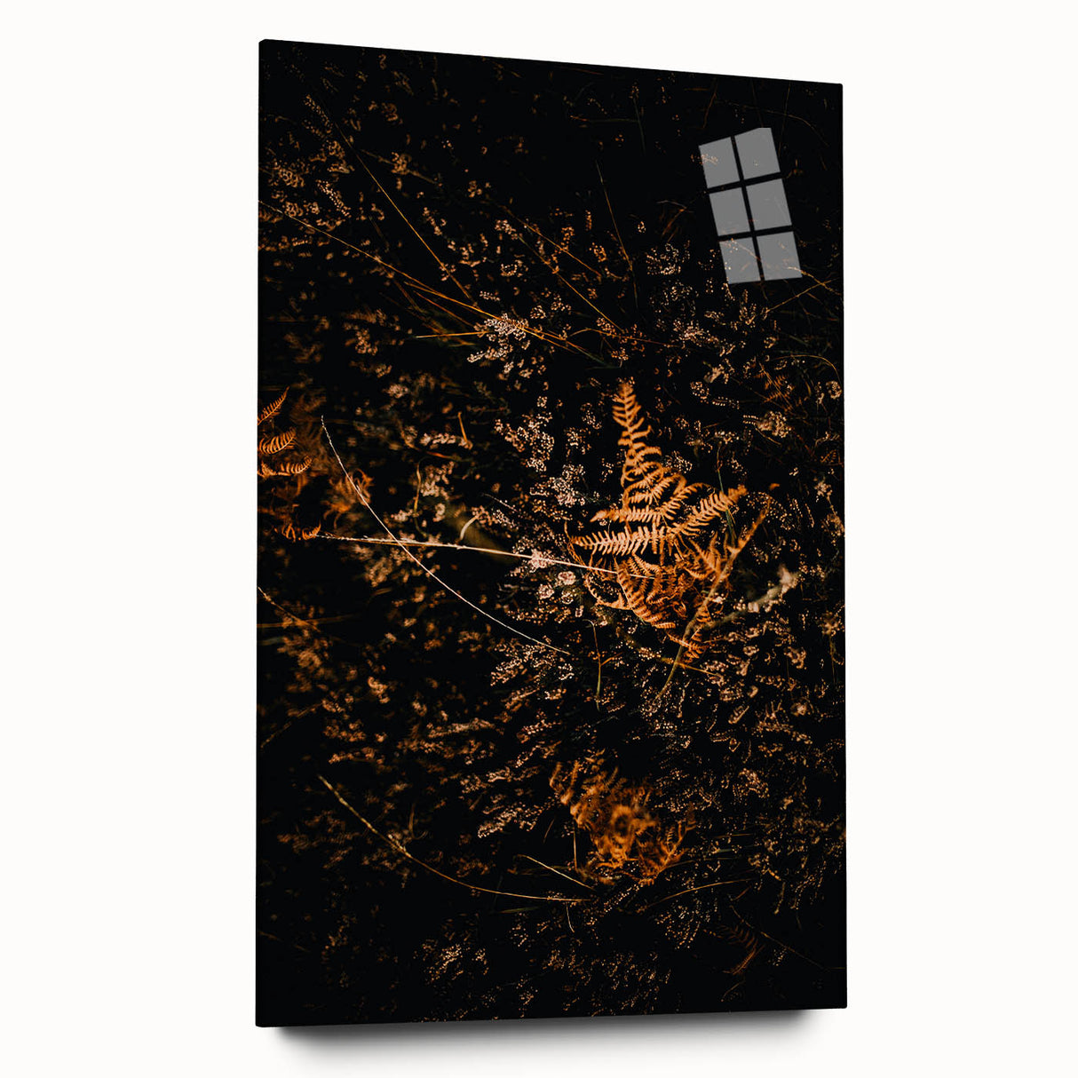 Large abstract wall art on acrylic glass depicting swirling autumn hues, suitable for bedroom or dining room decor.