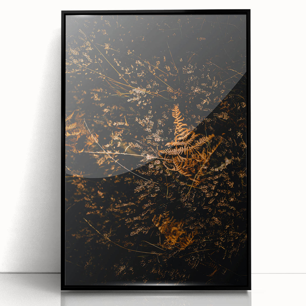 Large abstract wall art featuring swirling autumn hues on a framed acrylic print, suitable for modern living room decor.
