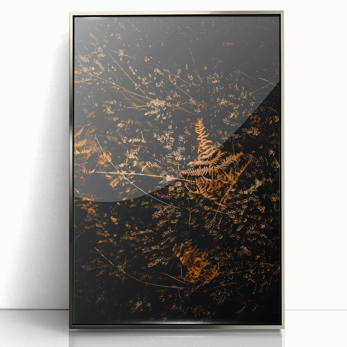Mid-century modernist art featuring autumnal trees in silver framed acrylic, ideal for nursery wall decor.
