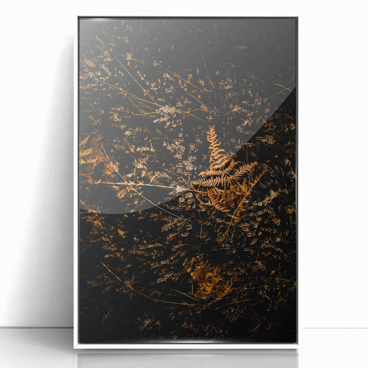 Art Deco poster of an abstract fall season design in warm orange and brown tones, framed acrylic, ideal for nursery wall art.