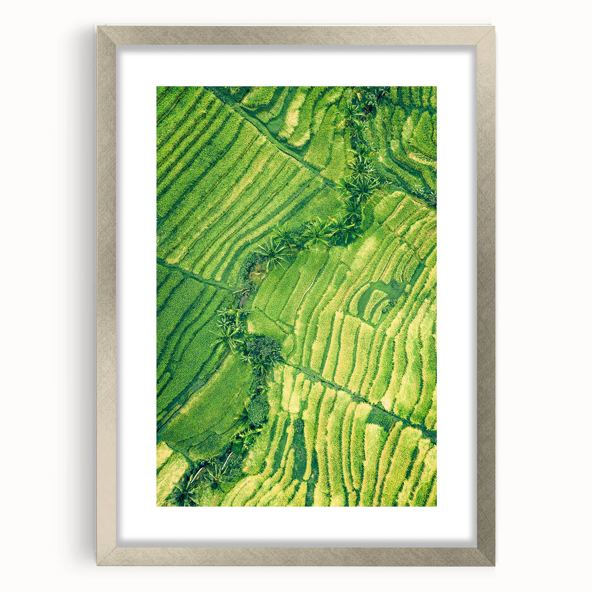 Textured art print of abstract spring scene in muted green and yellow, framed in silver, ideal for bedroom wall decor.