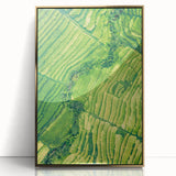 Large art print of a mid-century modernist spring scene in pastel shades, framed in gold acrylic.