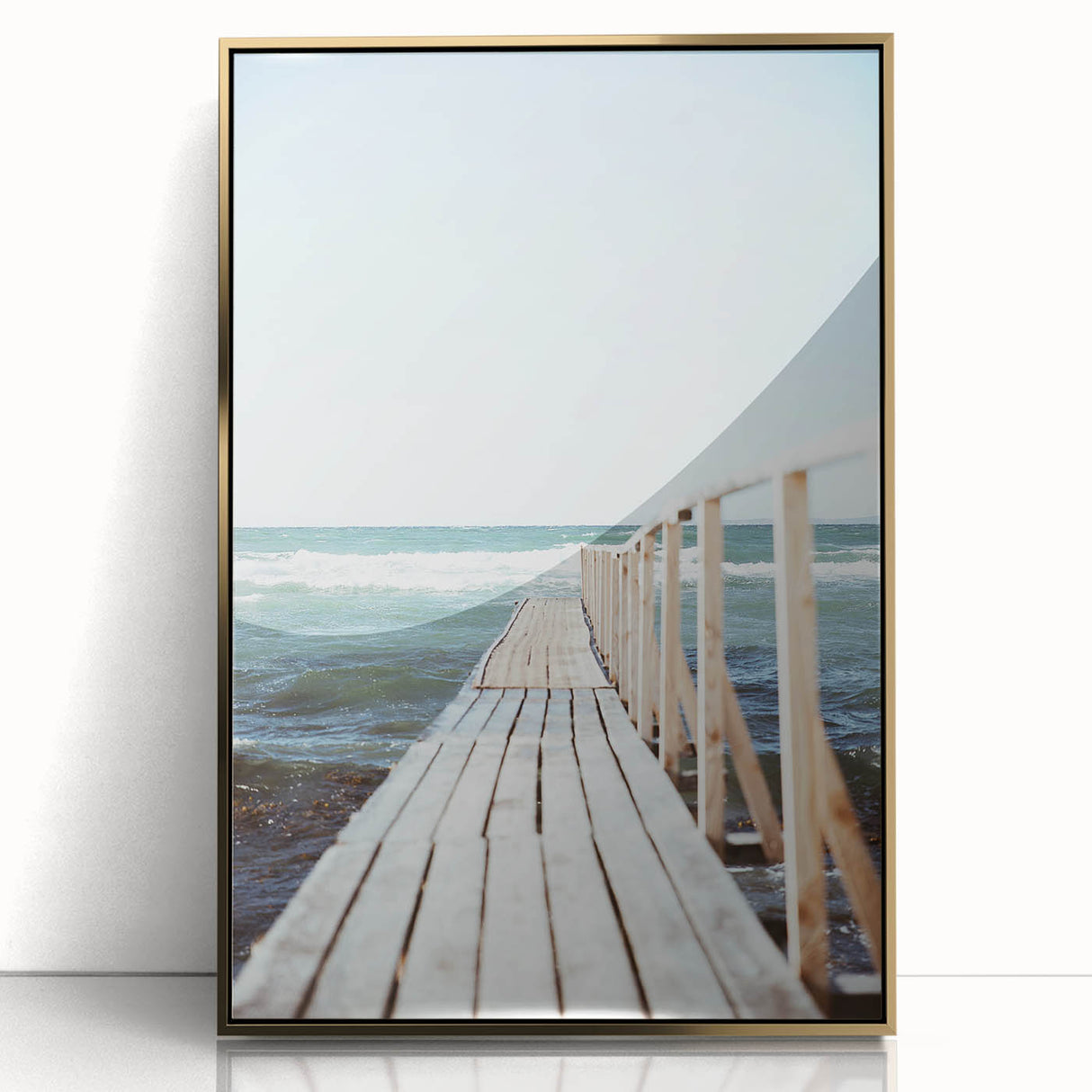 Large art print of a mid-century modernist summer scene on acrylic, framed in gold, ideal for nursery wall art.