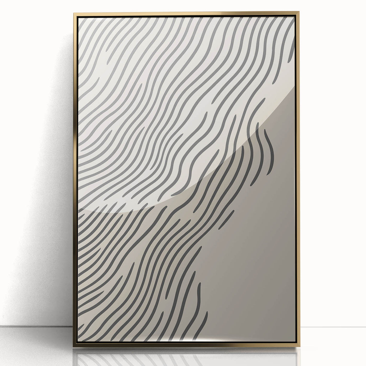 Large art print featuring a mid-century modernist winter scene with muted blue and white tones on a framed acrylic.