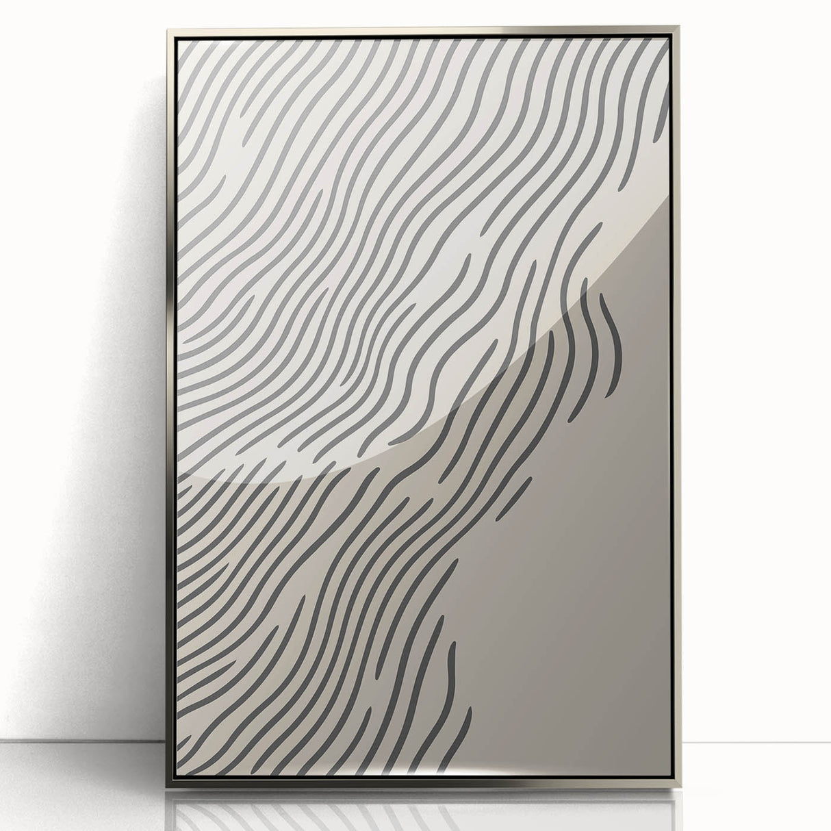 Mid-century modernist art depicting a winter scene in muted blue and white tones on a framed acrylic panel.