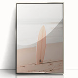 Mid-century modernist art depicting abstract shapes in pastel shades, acrylic print in silver frame.