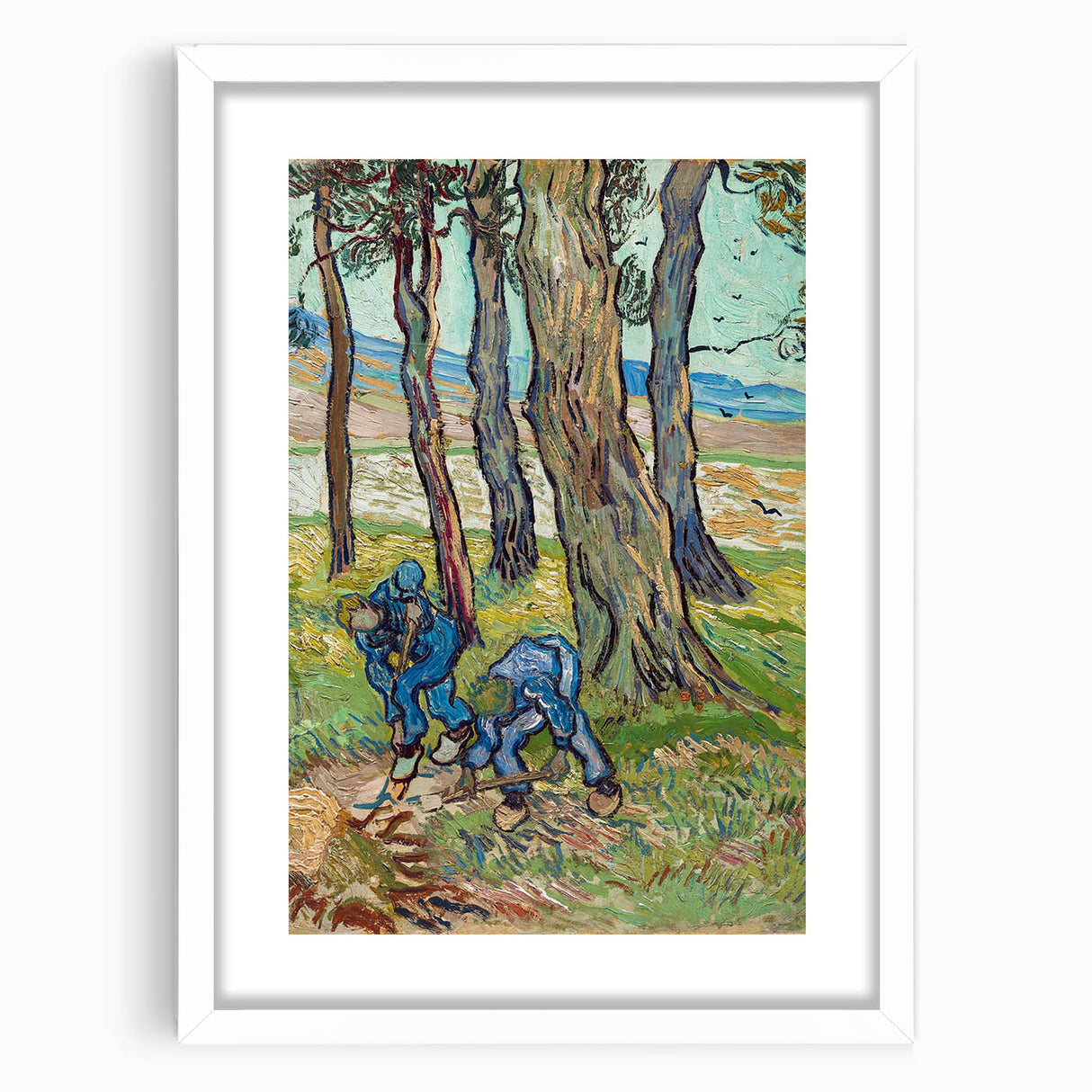 Textured abstract art print in vibrant blue and yellow tones on a white framed canvas, suitable for bedroom decor.