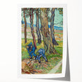 Vincent van Gogh floral painting on rolled canvas, with vivid blue and yellow tones, suitable for art wall dining room.