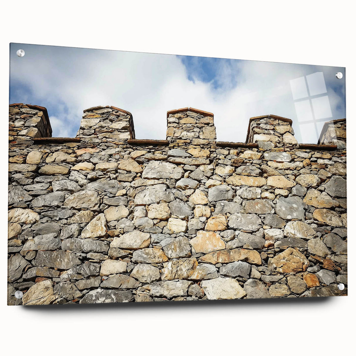 Side view of a stunning acrylic glass landscape artwork depicting a majestic castle, securely mounted with pins, showcasing vibrant colors and intricate details for a captivating visual experience.