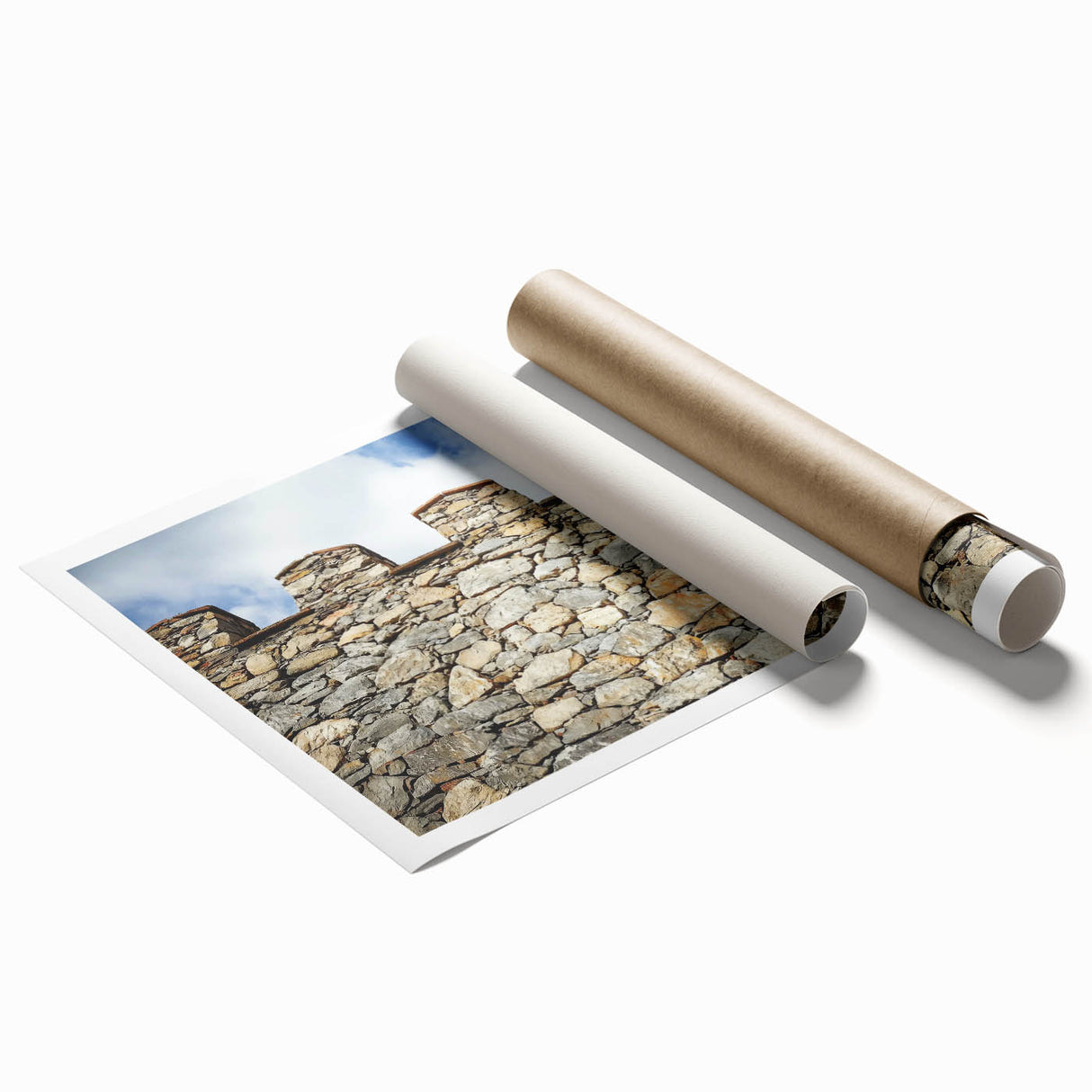 Rolled print showcasing a serene landscape with a majestic castle surrounded by lush greenery, designed for home decor. Ideal for art enthusiasts and interior design.