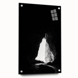Acrylic glass artwork depicting a stunning cave landscape, showcased from a side view with decorative pins. Ideal for modern home decor enthusiasts seeking unique nature-inspired pieces.