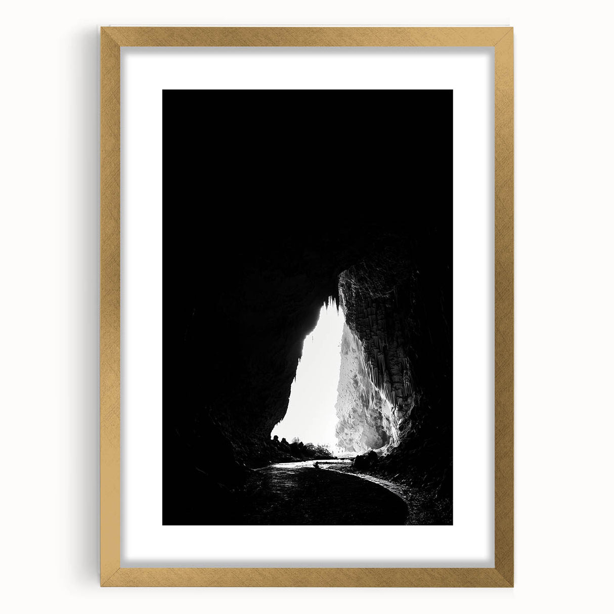 Framed landscape artwork depicting a serene cave scene, highlighted by a gold matting and elegant frame, perfect for home decor and art enthusiasts.